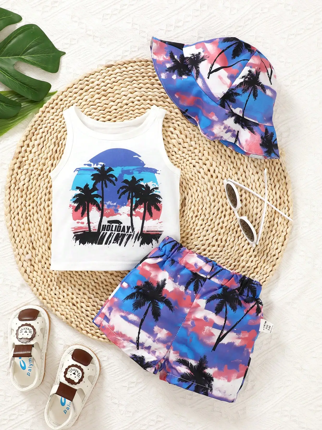 Holiday Style Summer BabyBoys Fashion Set Coconut Tree Print Elastic Waist Shorts Round Collar Sleeveless White Print Vest + Hat 1