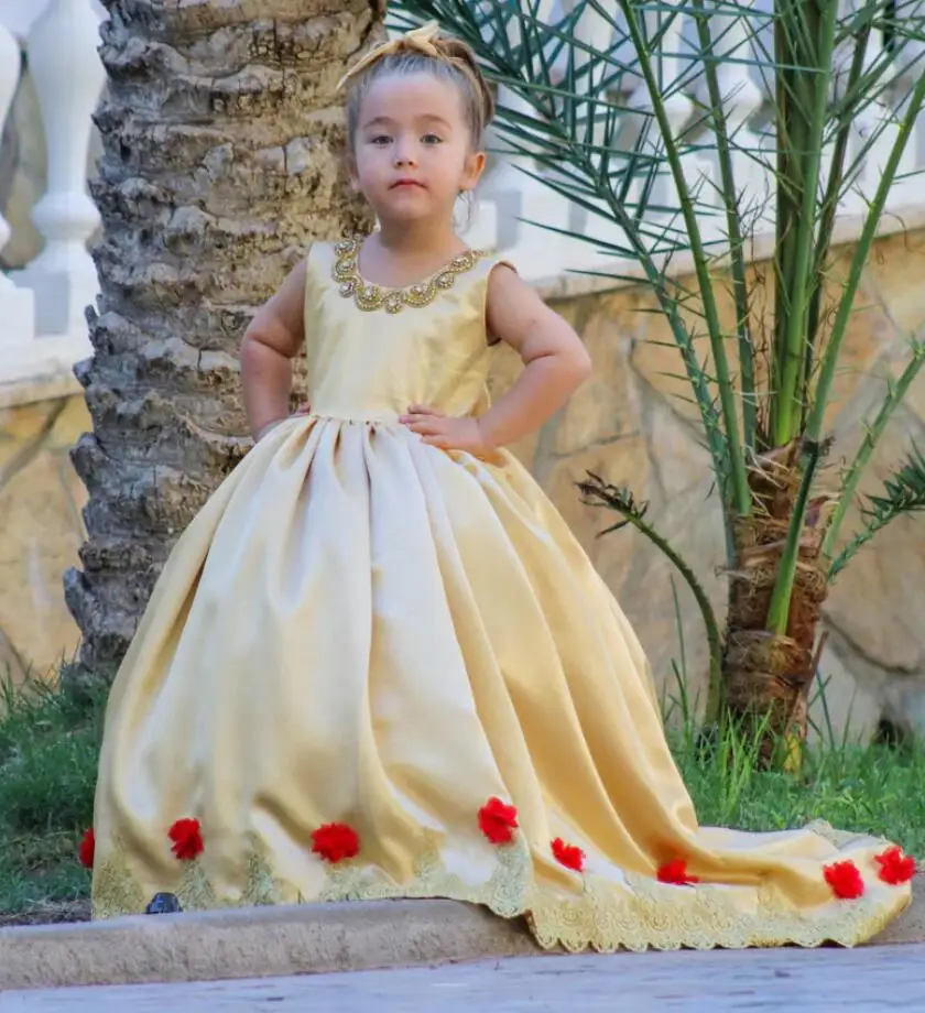 

Золотое атласное Пышное Платье для девочки с цветами для свадьбы с круглым вырезом и кристаллами, Пышное Бальное Платье для первого причастия, женское платье