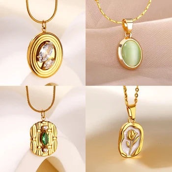 Zircon Oval Pendant Necklace for Women Stainless Steel Gold Color Geometric Rose Necklace Fashion Wedding Waterproof Jewelry