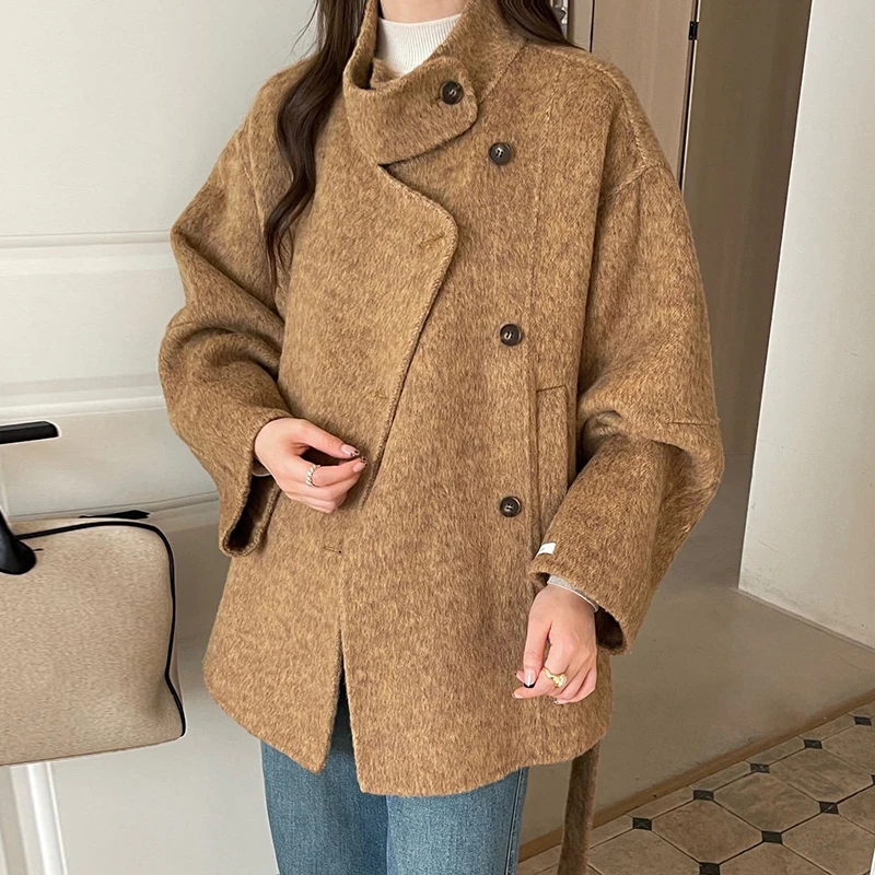 LANMREM Stand Collar Drop Shoulder Womens Double-faced Woolen Coat Asymmetrical Single Breaste Reversible Overcoat With Belt - Image 4