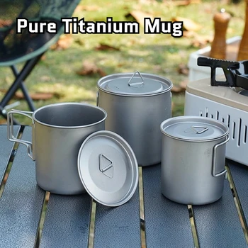 Titanium Cup Portable Foldable Lightweight Handle with Lid for Camping Outdoor Coffee Drink Hiking Travelling Camping Kitchen