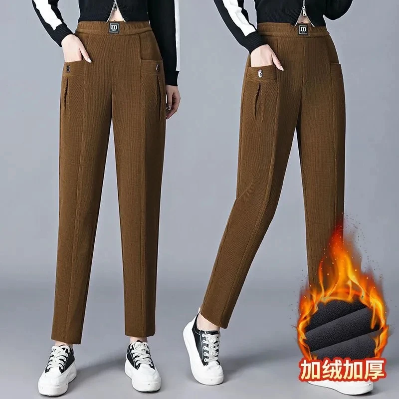 

Autumn Winter New Corduroy Casual Haren Pants Women Solid Elastic High Waist Pockets Patchwork Loose Versatile Straight Trousers
