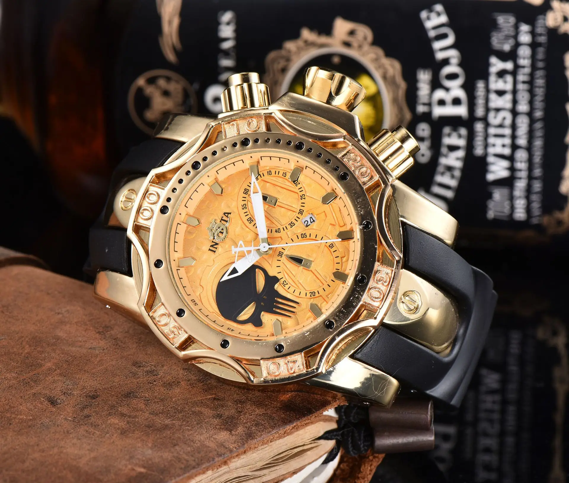 Men's large dial waterproof 3-eye steel ring and PU strap OGDA sports watch men's gift watch chain series