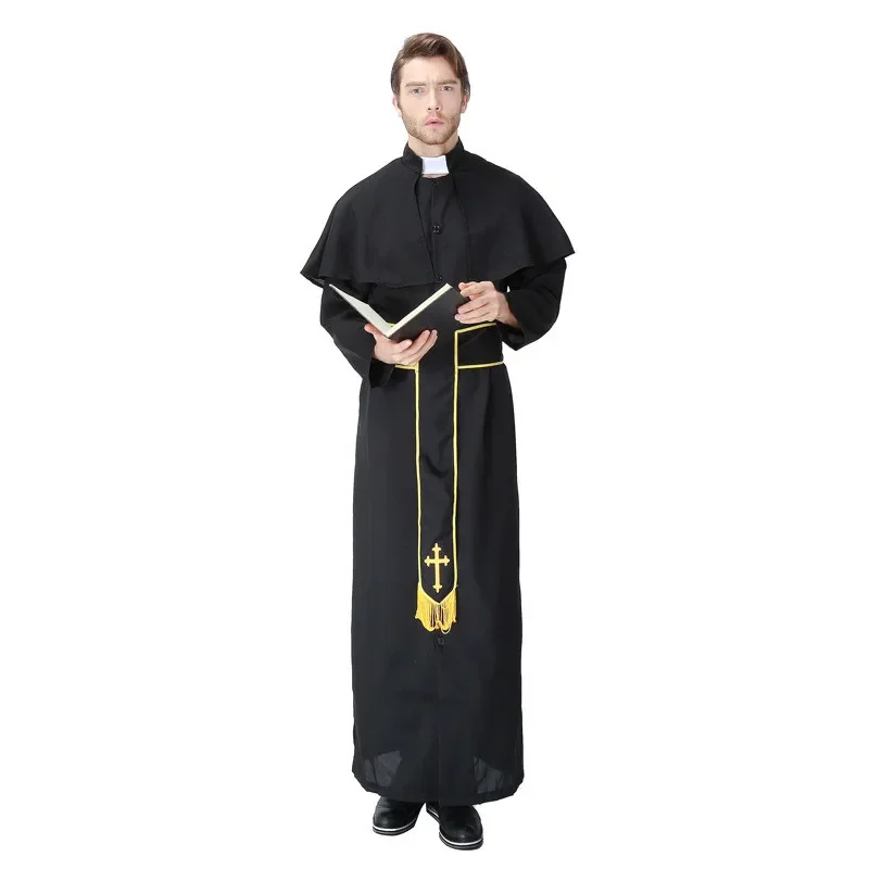 

Halloween Mens Pastor Priest Monk Robe Costume Godfather Missionary Church Clergyman Outfit