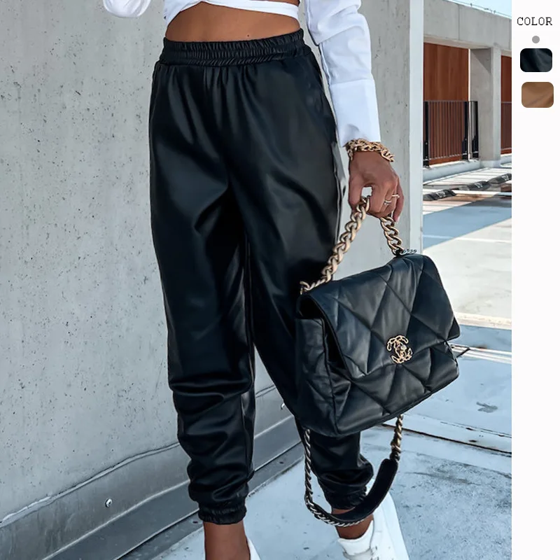 

Europe and the United States 2022 Autumn and Winter New Style Casual Long Women's Leather Pants with Pockets in the Middle Waist