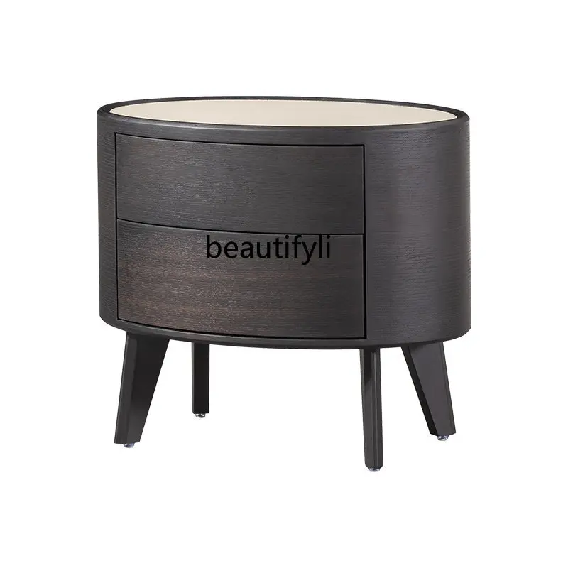 

Italian Smoked Wood Oval Leather Bedside Table Solid Wood High Leg Bedroom Storage Locker