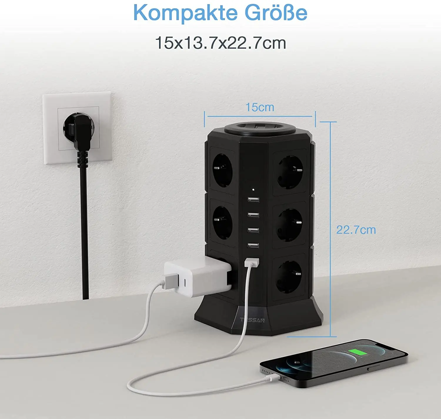 Multiprise verticale, 12 prises multiprises avec 4 ports USB