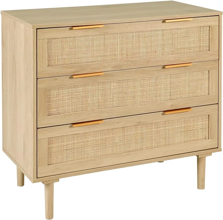 

3 Drawer Dresser for Bedroom, Rattan Modern Closet Dressers Chest of Drawers, Wood Storage Chest for Kids Bedroom, Hallway