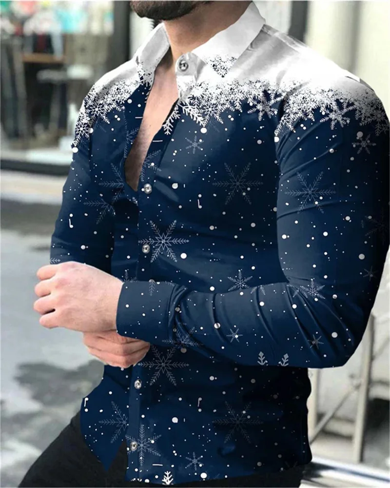 Fashion new snowflake 3D printing shirt S-6XL casual long-sleeved lapels club street cool men's summer super large size shirt zooy l 9xl men s plus size set merry christmas snowflake elk christmas bell polka dot snowman doodle long sleeve hoodie set