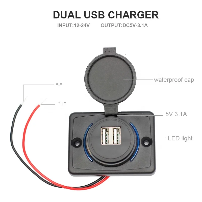 Dual-USB Vehicle Charger Socket with Indicator Light - 3.1A 12V/24V