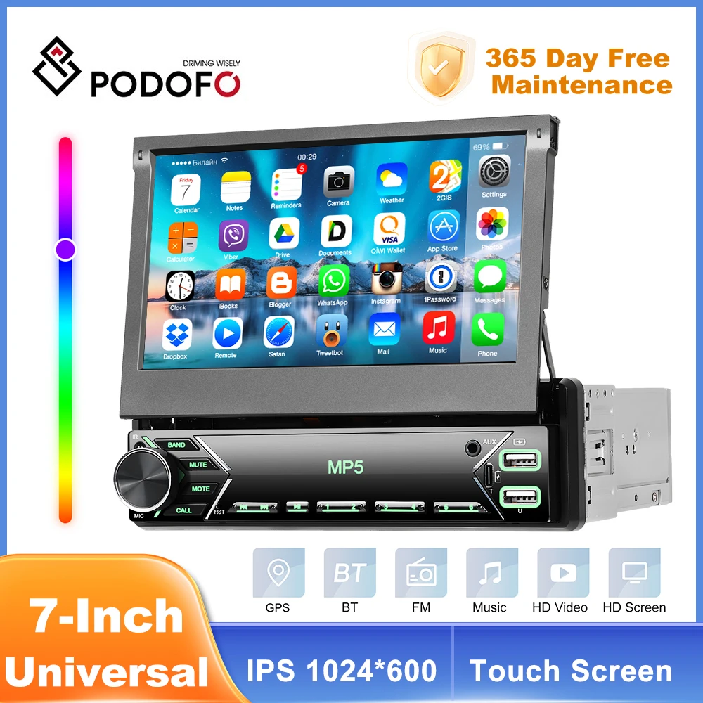 Podofo HD 수동 개폐식 터치 스크린 모니터 음악 플레이어, 범용 자동차 mp5, 블루투스 FM 라디오 리시버, C200s 1DIN, 7 인치 