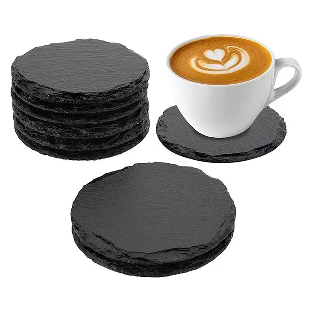

10Pcs Natural Slate Drink Coasters Round Black Stone Insulation Cup Coaster for Coffee Table Home Kitchen Bar