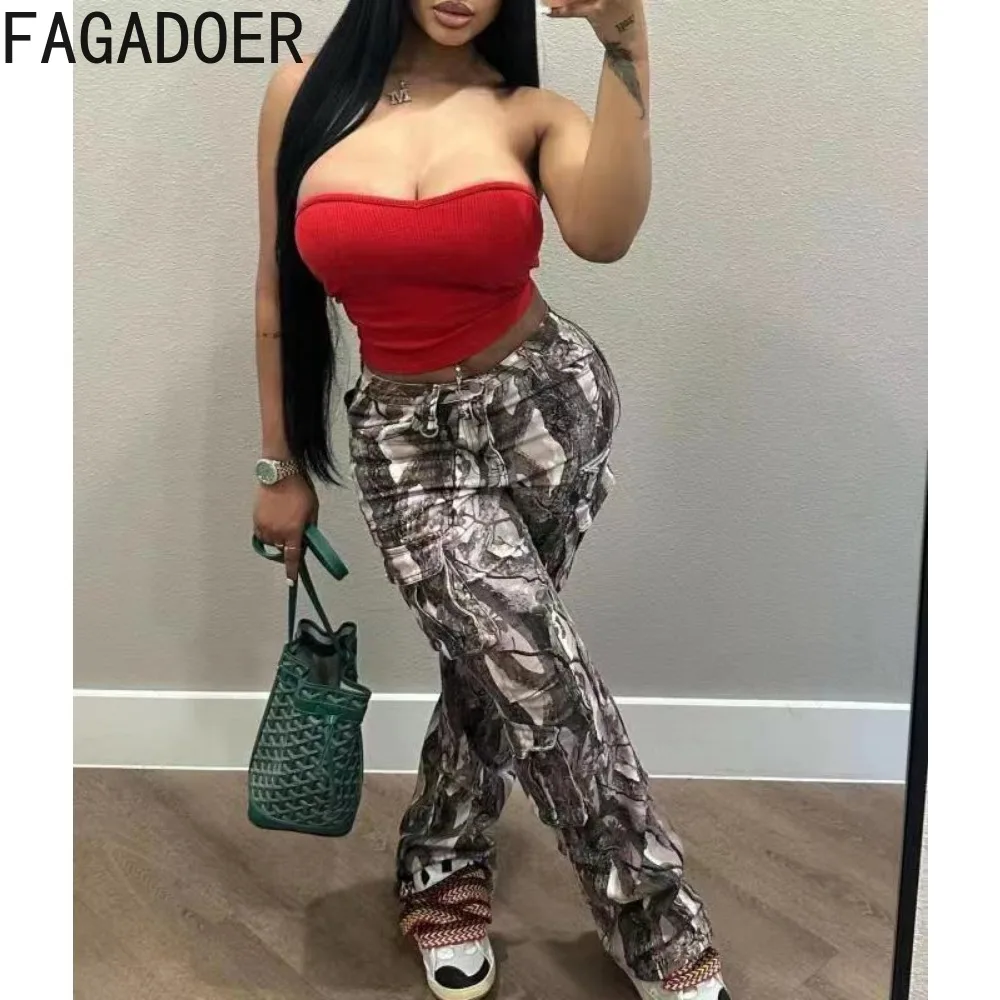 FAGADOER Fashion Printing Pocket Cargo Pants Women High Waisted Button Skinny Trousers Casual Female Matching Stacked Bottoms
