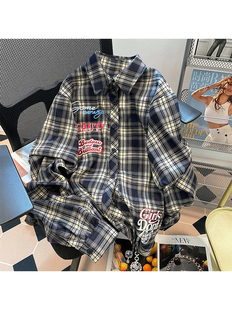 

Женская рубашка в клетку, Корейская блузка большого размера в стиле хип-хоп с буквенным принтом, уличная одежда на пуговицах, Y2K, весна 2023