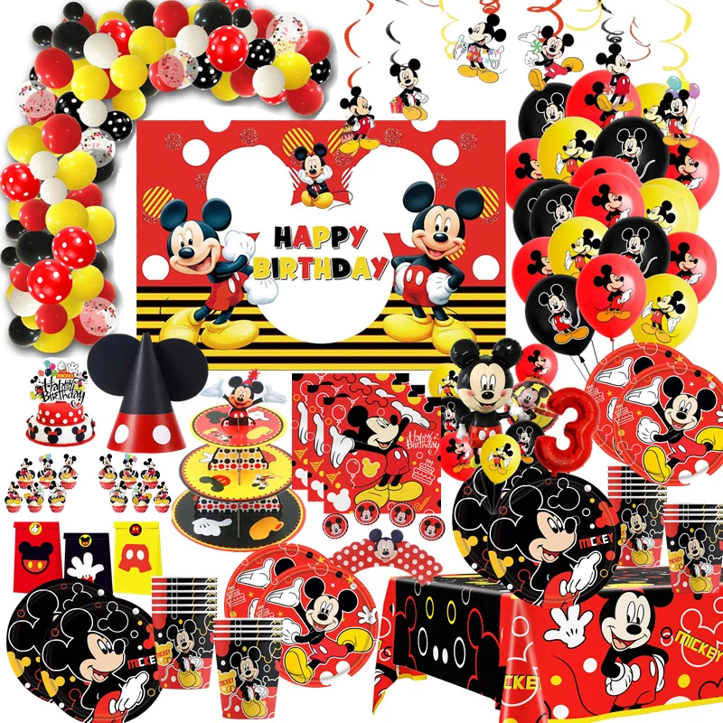 Vaisselle jetable thème Disney Mickey Mouse pour enfants, Pack pour  anniversaire, assiettes, gobelets, fête prénatale, fournitures - AliExpress