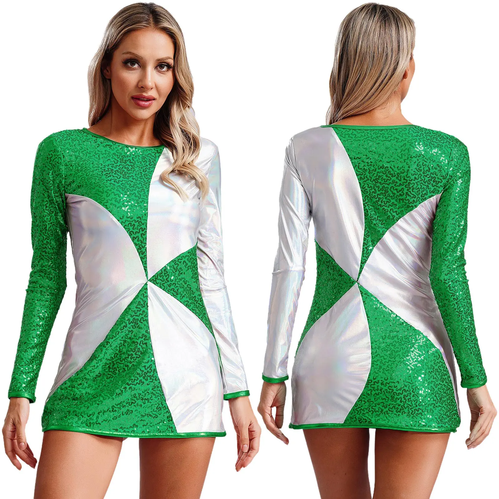 Disfraz de Navidad de Papá Noel para mujer, disfraz de manga larga con retales, lentejuelas metálicas brillantes, picardías, vestido de fiesta Rave
