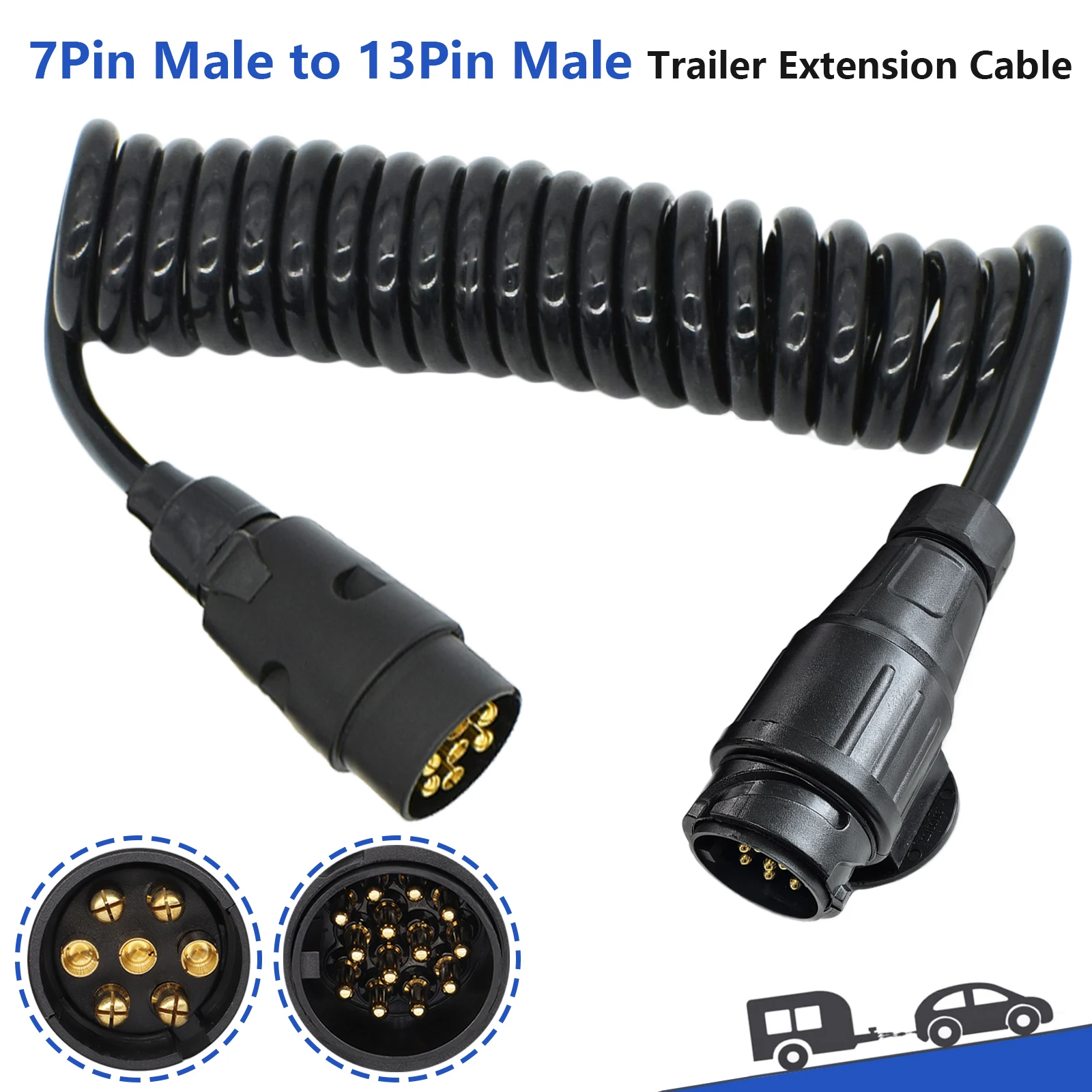 Heavy-Duty Curly Extension Cable for Trailer Towing - 3m, 13-Pin to 7-Pin Adapter