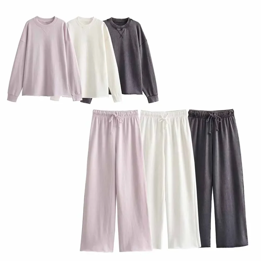 

Женский костюм из 2 предметов, модный и удобный разноцветный фланелевый свитер в стиле ретро с длинными рукавами + широкие брюки, женский костюм, 2023