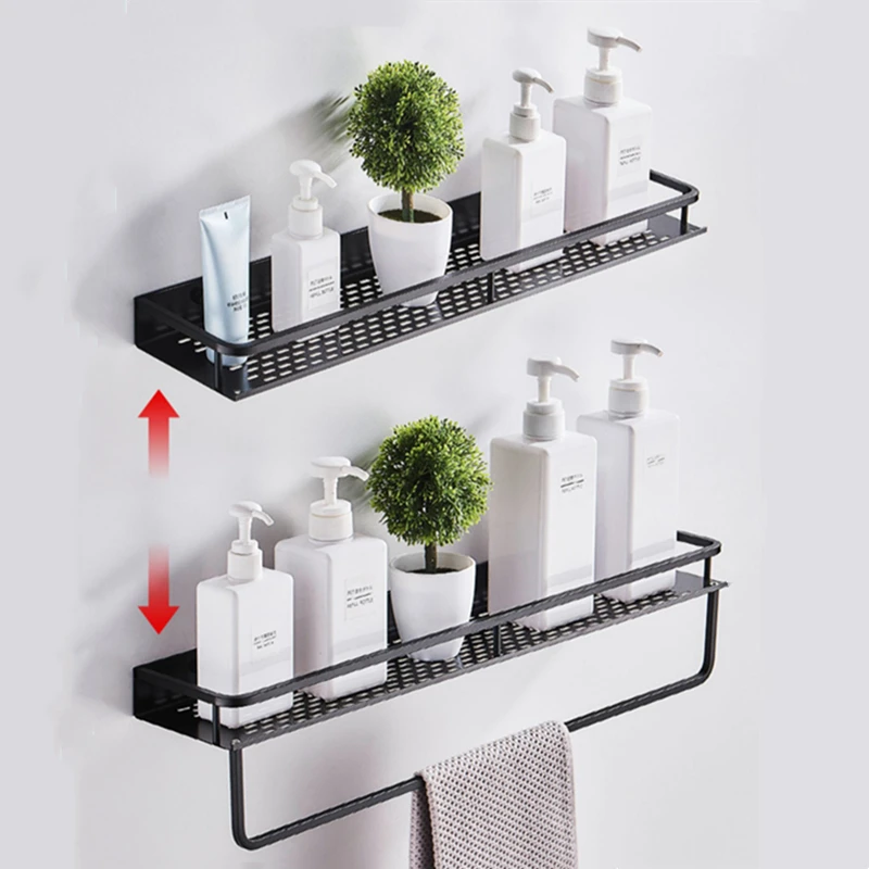 

Bathroom Shelf Black Aluminum Kitchen For Storage Rack Organizer Shower Wall Mounted Nets Shelves Bathroom Accessories Towel Bar