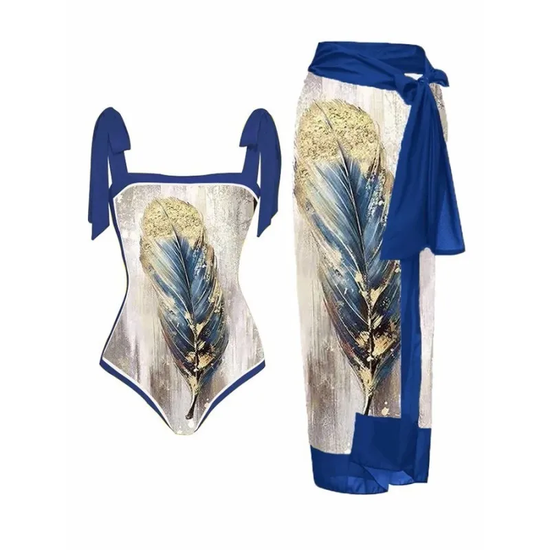 2 Piece Women Sets Summer Print Elastic Jumpsuit Swimwear Chiffon Long Skirt Sheath Matching Outfit Beach Sunscreen Swimsuit
