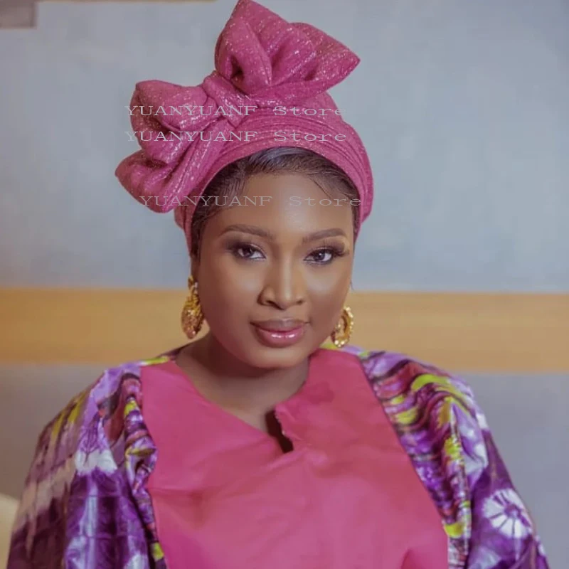 여성용 샤이닝 다층 나비 매듭 터번 캡, 아프리카 머리 장식, 나이지리아 웨딩 터번 모자, 무슬림 머리띠 보닛
