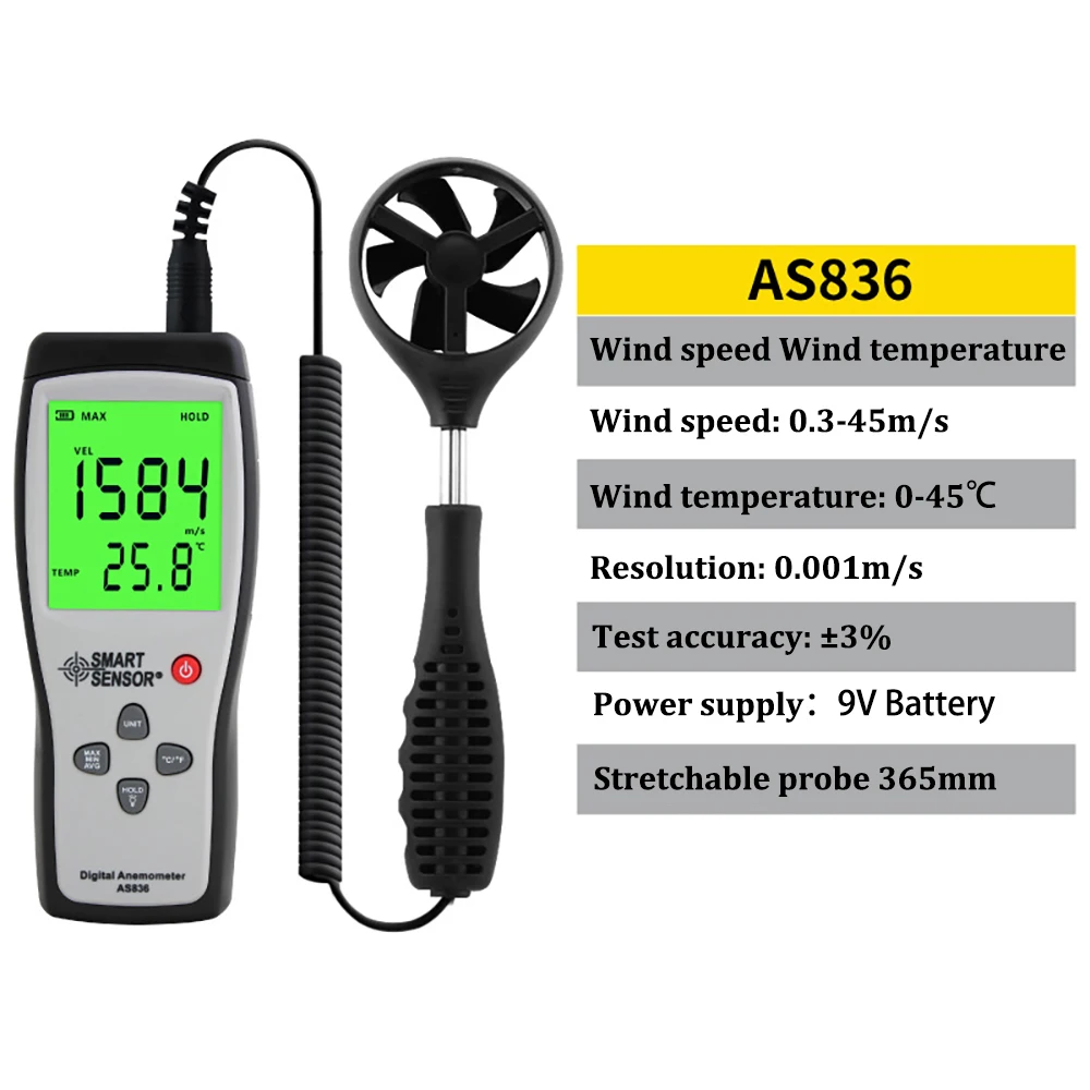 SMART SENSOR AS836 Digital Air-Flow Gauge Anemometer Wind Speed Meter Temperatur