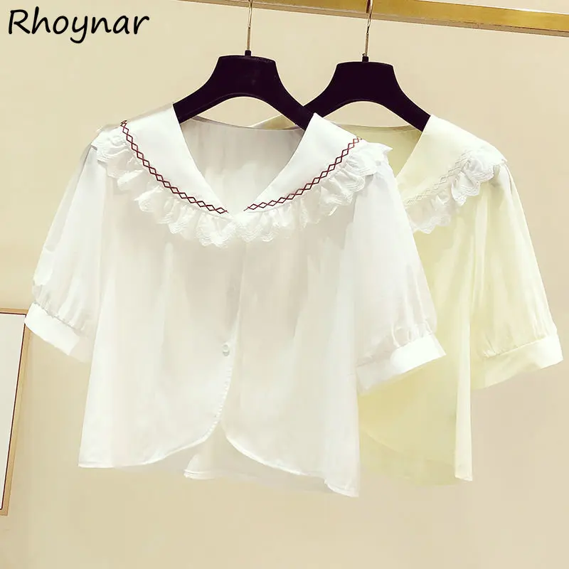 

Cropped Shirts Women Sweet Kawaii Clothes Peter Pan Collar Baggy Girlish Camisas Japanese Gentle Designer Aesthetics Summer Cozy