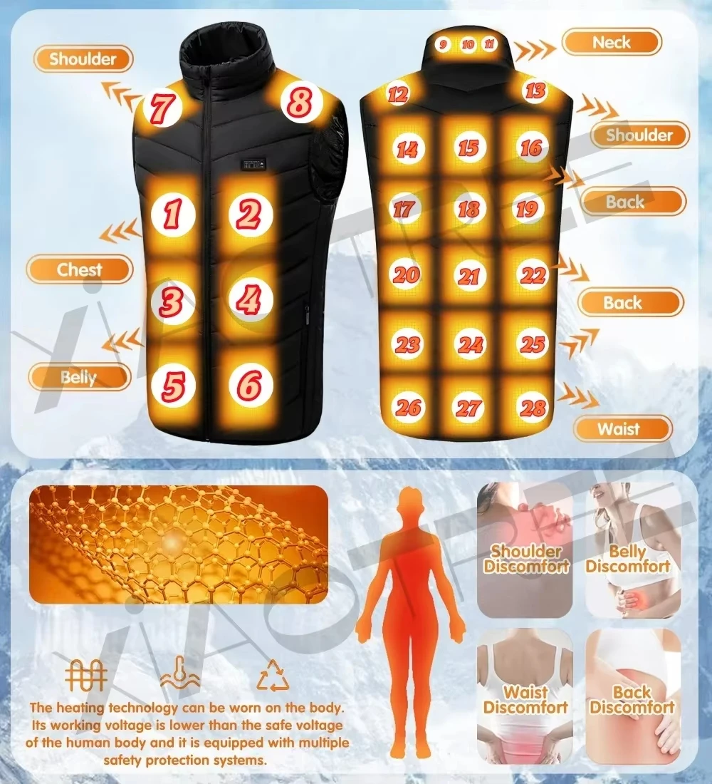 28/9 Areas Heated Jacket Men Jacket Heated Winter Womens Electric Usb Heater Camping Jacket Man Thermal Vest Body Warmer Coat 6XL