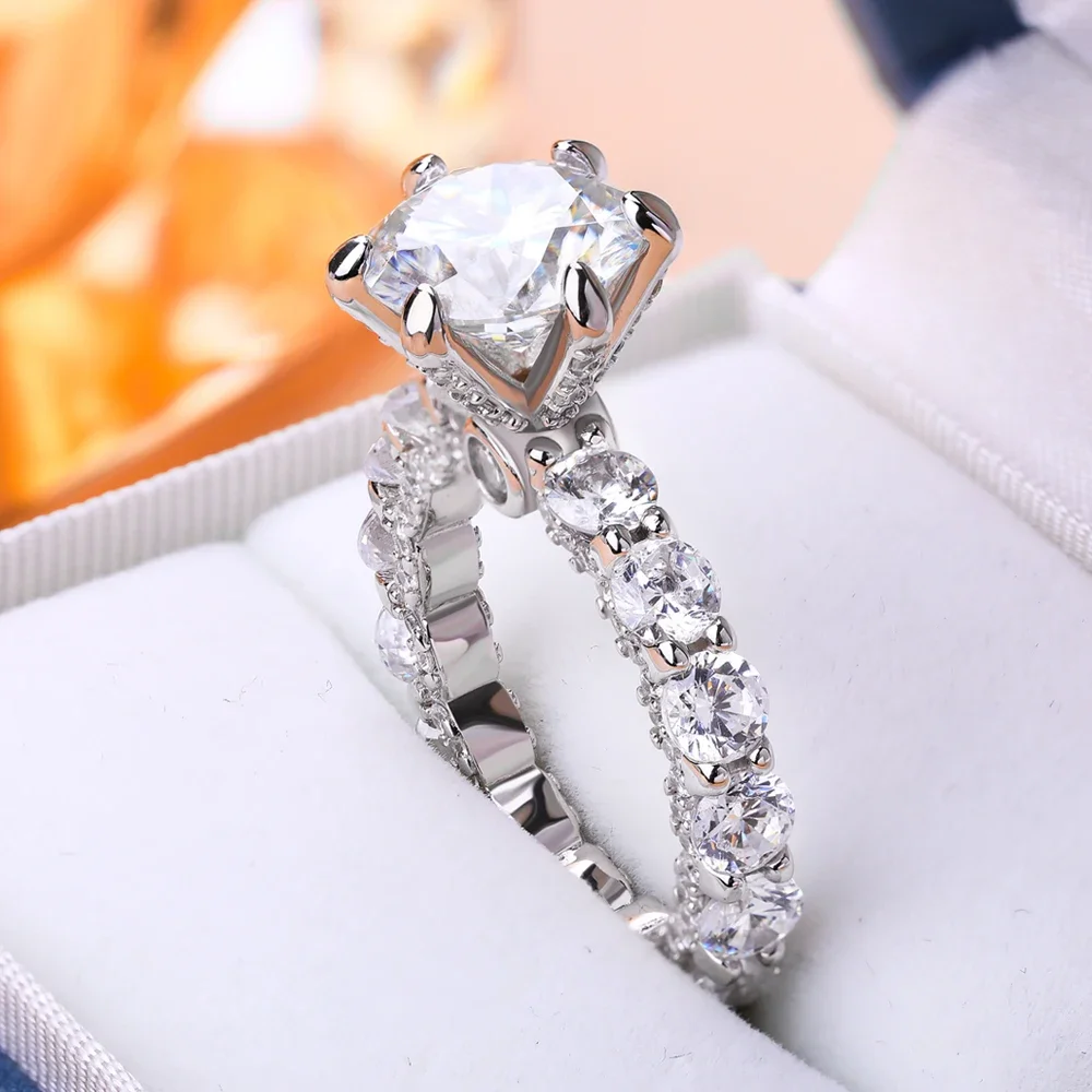 Joyas De Mujer Set De 5 Anillos Apilables De Moissanita - Plata 925, 1.5 Cttw, Color D, Claridad VVS1, Con Certificado Set De 5 Anillos Apilables Plata 925