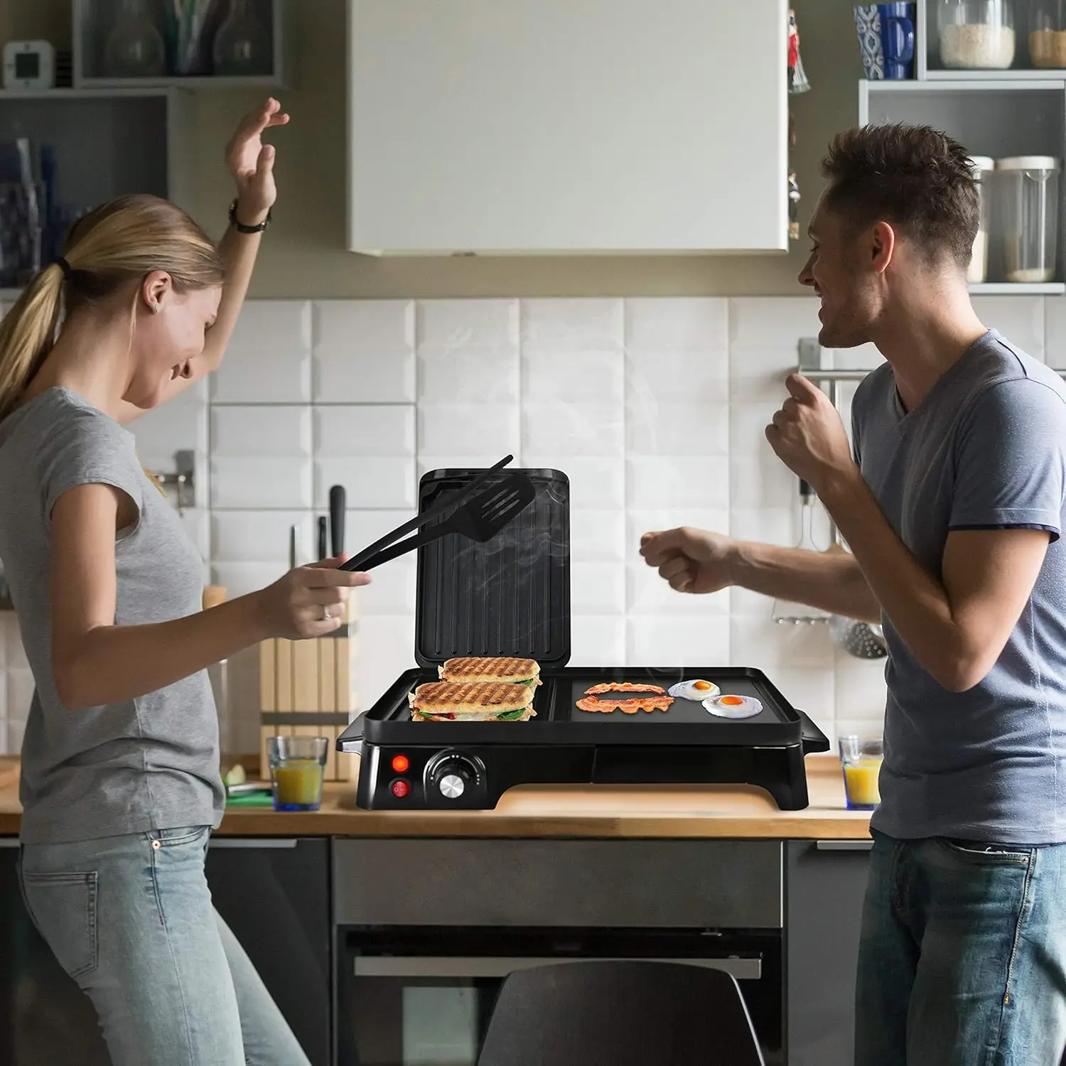 2-in-1 Panini Press Grill & Griddle | Nonstick Coating, Temperature Control | Multiuse Countertop Sandwich Maker | Rem 6