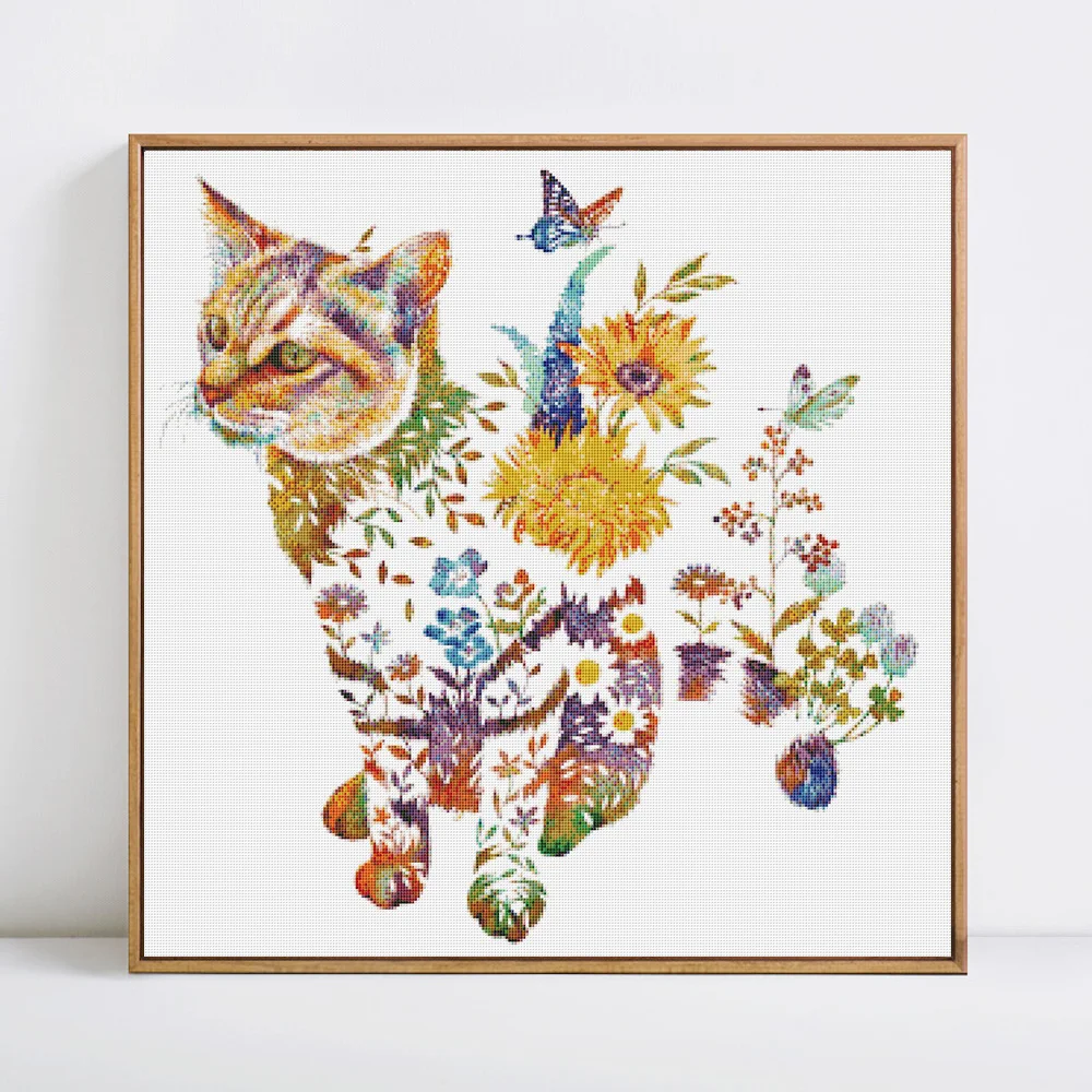 HUACAN Embroidery Kits Flowrer Cat Needlework Cross Stitch Animal Sets DIY Printed Canvas Gift Home Decoration 11CT 40x40cm cross stitch kit