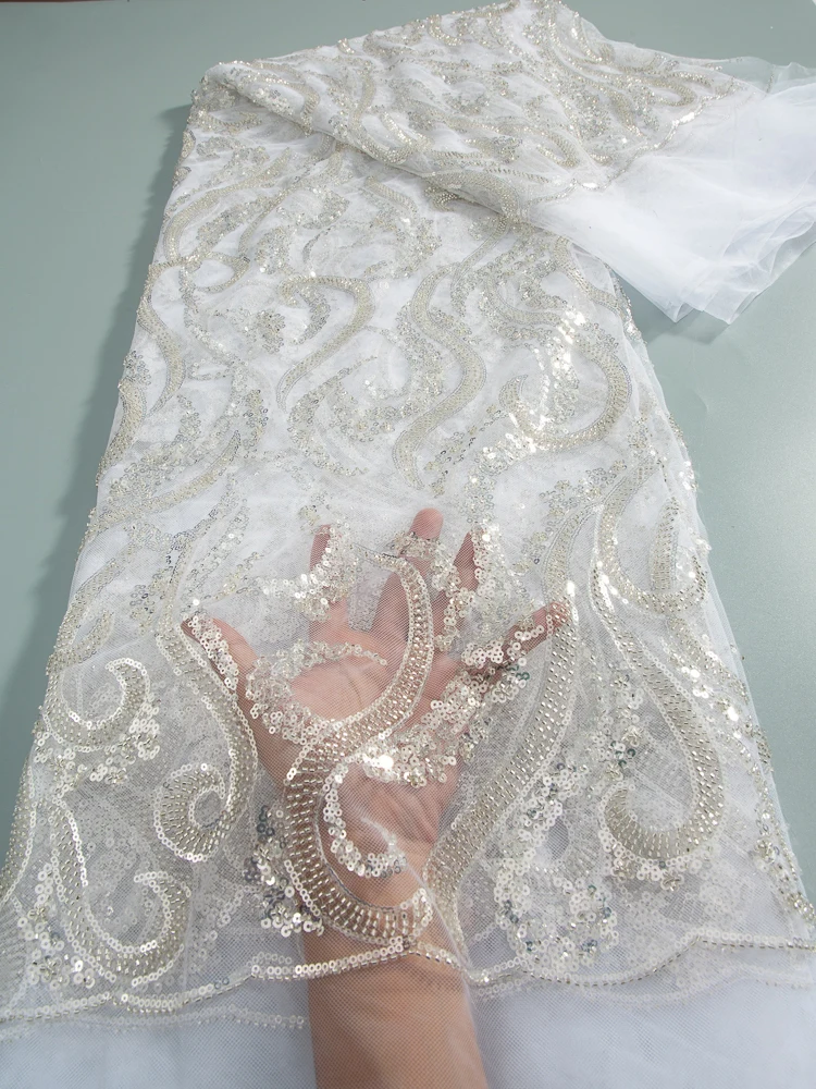 

Белая африканская кружевная ткань Kalume с блестками 2024, Высококачественная французская фототкань для свадебного платья невесты, пошив F3728