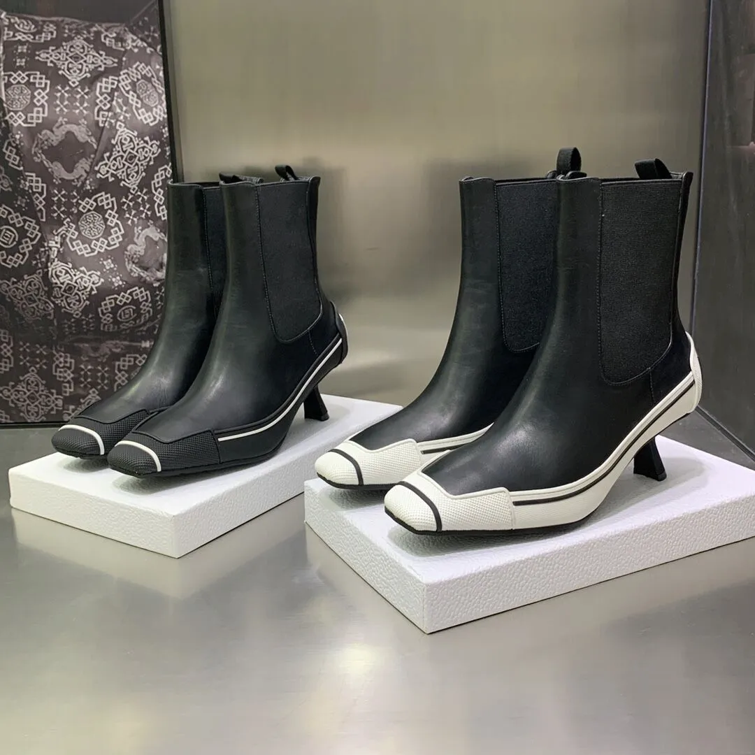 

2022 Autumn New Colorblock Square Toe High-Heeled Ankle Boots Brand Designer Women's Stiletto Heel Chelsea Boots Leather