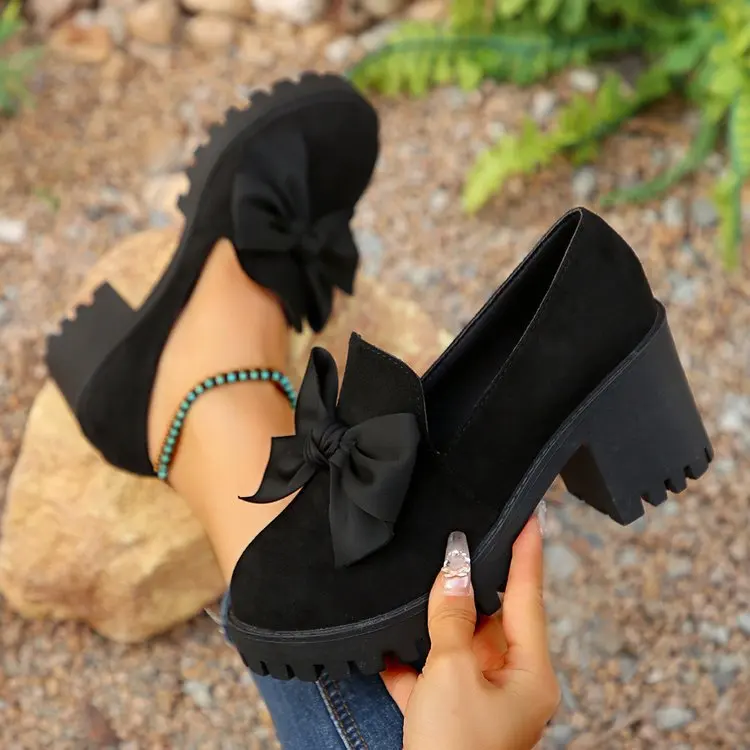 Black Suede Women's Loafers With Bow And Thick High Heel_voghion.com