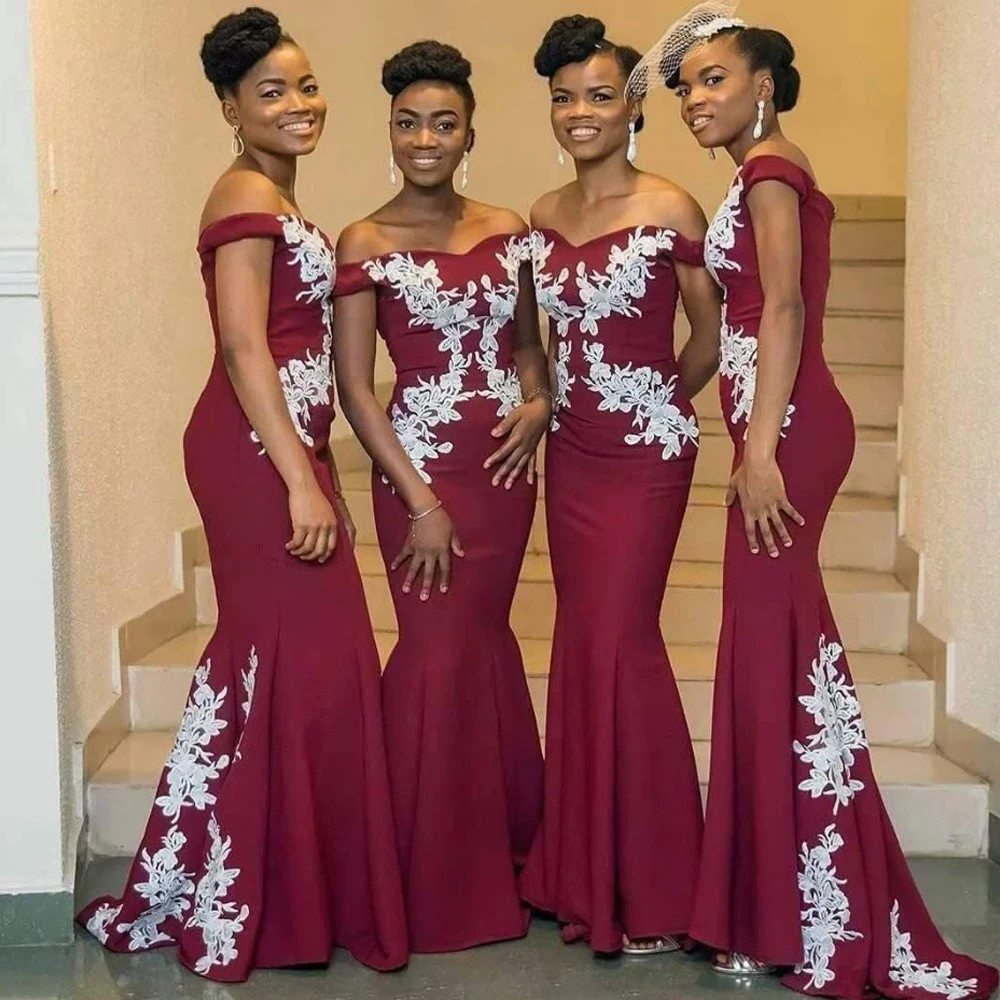 Burgundy Womens Off The Shoulder Mermaid Bridesmaid Dresses for Wedding Lace Satin Prom Dresses Long Formal Evening Gowns Africa
