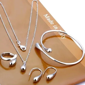 Fashion S925 Silver Needle Earrings Ring Bracelet Set Simple Personality Women's Water Drop Four-piece Jewelry Set for Women Gift