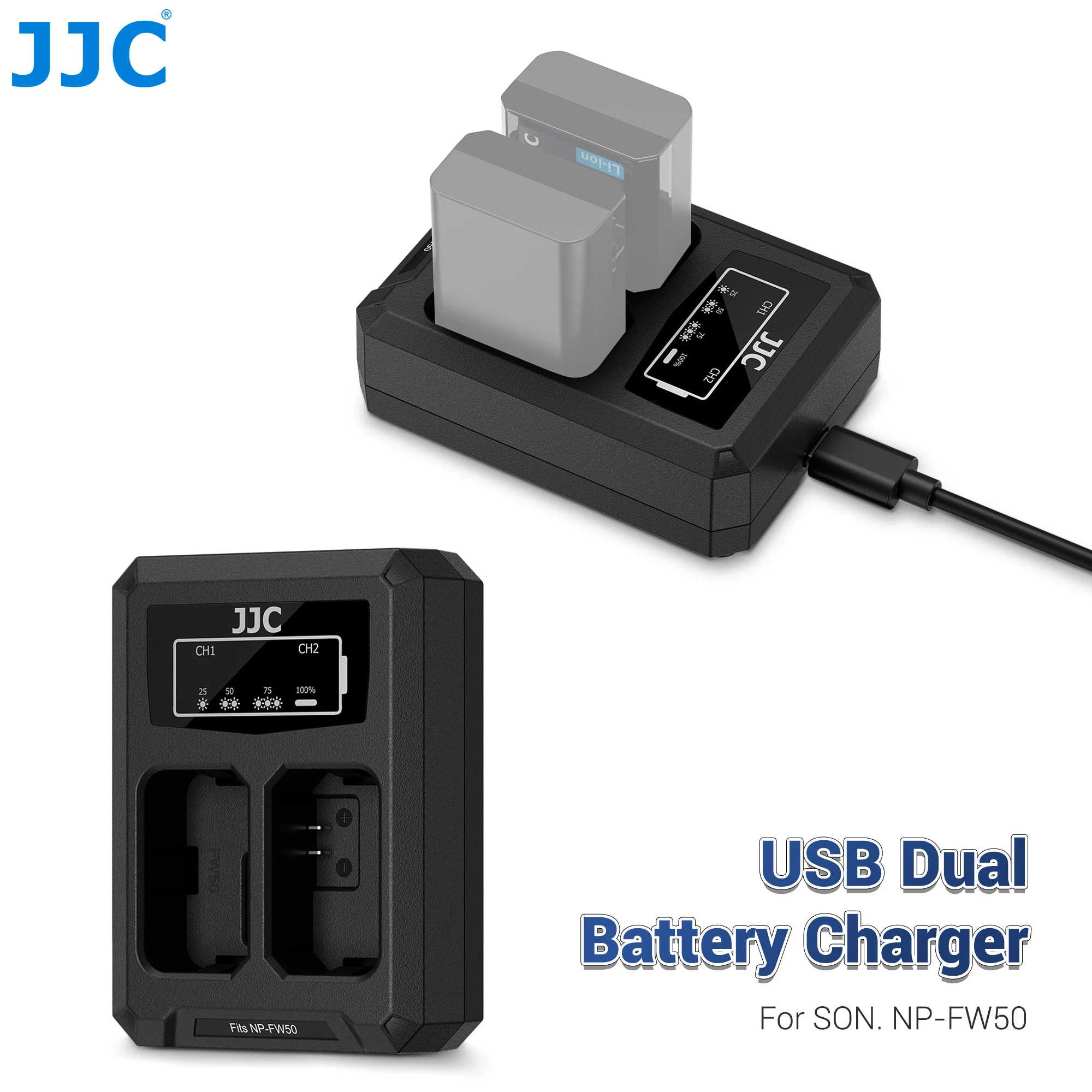 JJC 카메라 배터리 충전기 ( NP-FW50 배터리용)  ZVE10 A6100 A6400 A7 II A7S II A7R2 듀얼 배터리 충전기