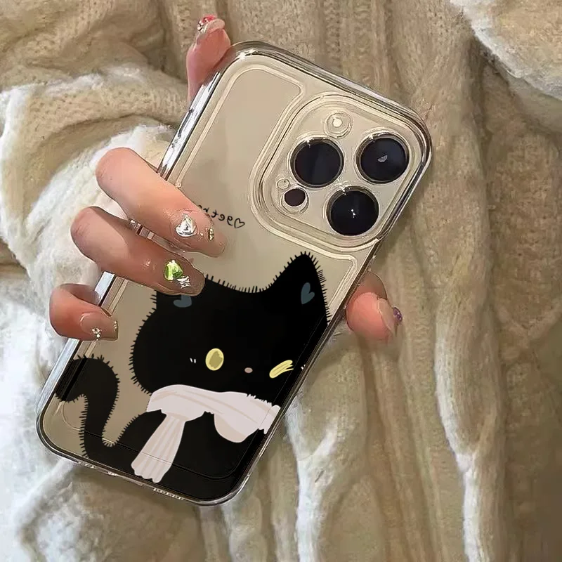 Charming Cartoon Cat Couple Phone Case - Black and White Design