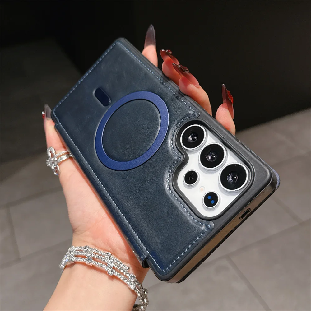 Luxury Classic Leather Flip Wallet - Magnetic Phone Case with Wireless Charging Compatibility