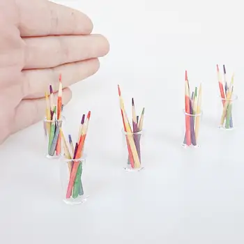6Pcs/set Dollhouse Miniature Pen Holder With 5Pcs Random Colorful Pencils 1:12 Mini Doll House Learning Scene Decor Accessories
