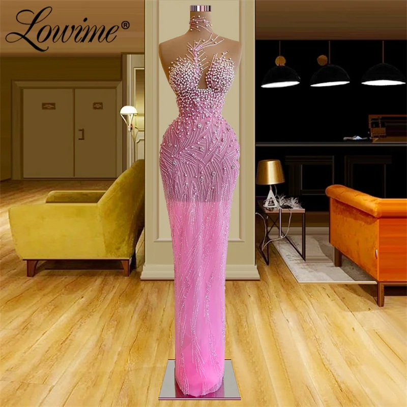 

Lowime Glitter Pink Mermaid Prom Dresses Arabic Pearl Beaded Women Evening Gowns 2022 Long Celebrity Prom Dress Robe De Soiree