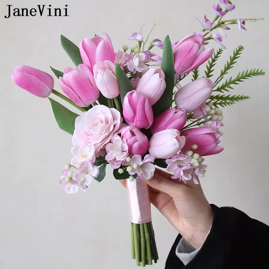 

JaneVini Real Touch Rose Red Tulip Wedding Flowers Bridal Bouquets Accessoire Mariage Artificial Silk Bride Photography Bouquet