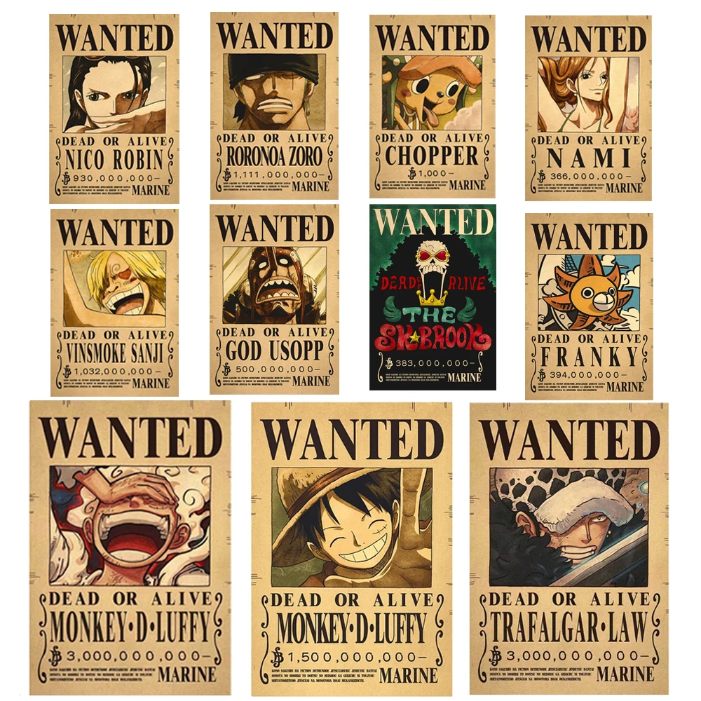 Un Pezzo Rufy Wanted Kids Bedroom Retro Poster Roronoa Zoro Nami Living Pirate Manga Wall Gear 5 Nika Bounty Wanted Poster Toy