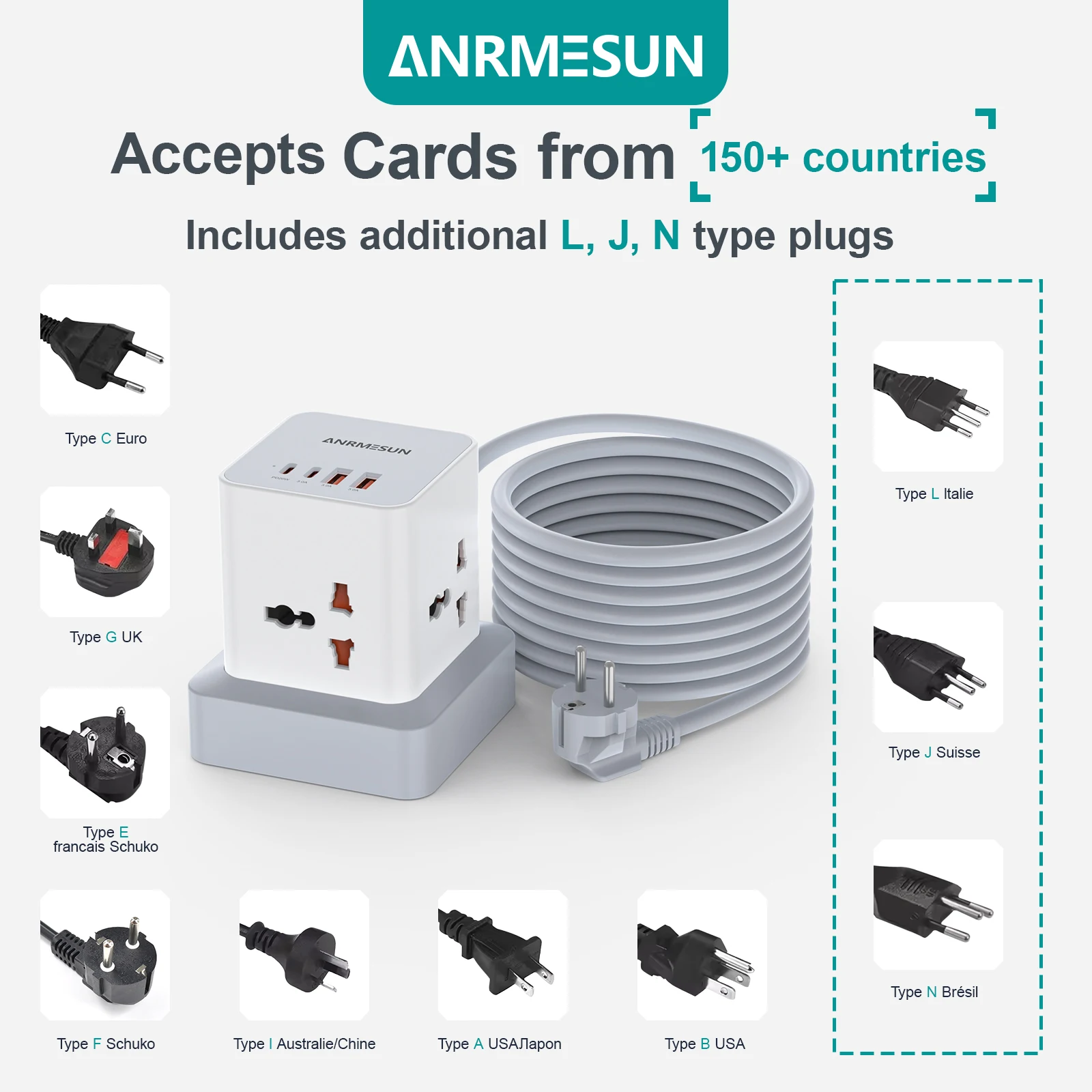 Turm-Steckdosenleiste, mehrere Steckdosen mit PD, 20 W, Typ C, 2 m Verlängerungskabel, EU-UK-US-Stecker, Steckdose, Überspannungsschutz für Reisen