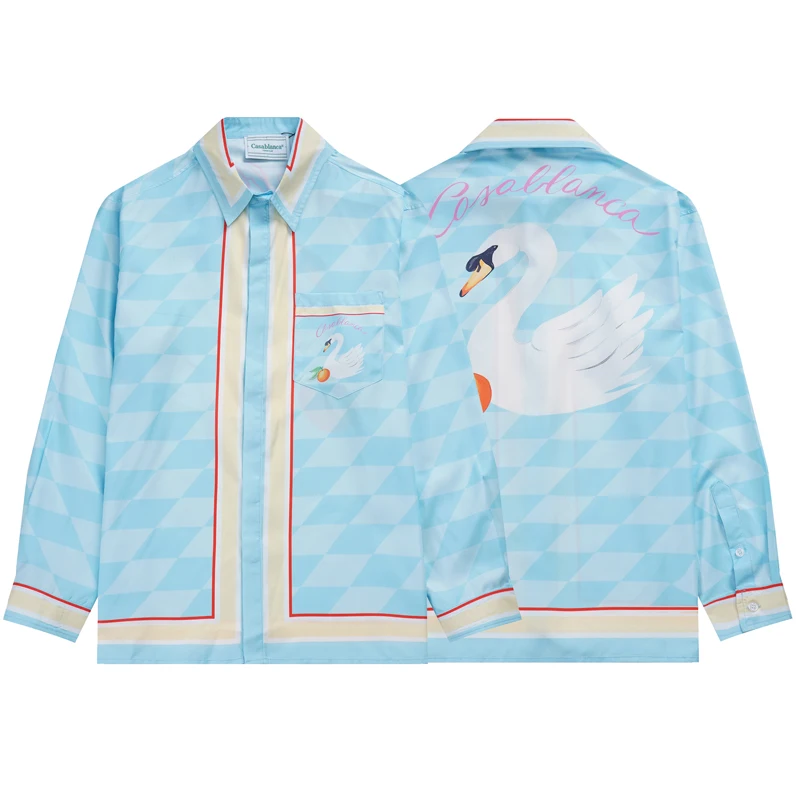 

2024 Blue Casablanca Orange Swan Print Long Shirt Summer Men Women High Quality Hawaii Beach Oversize Shirt Blouse Clothes