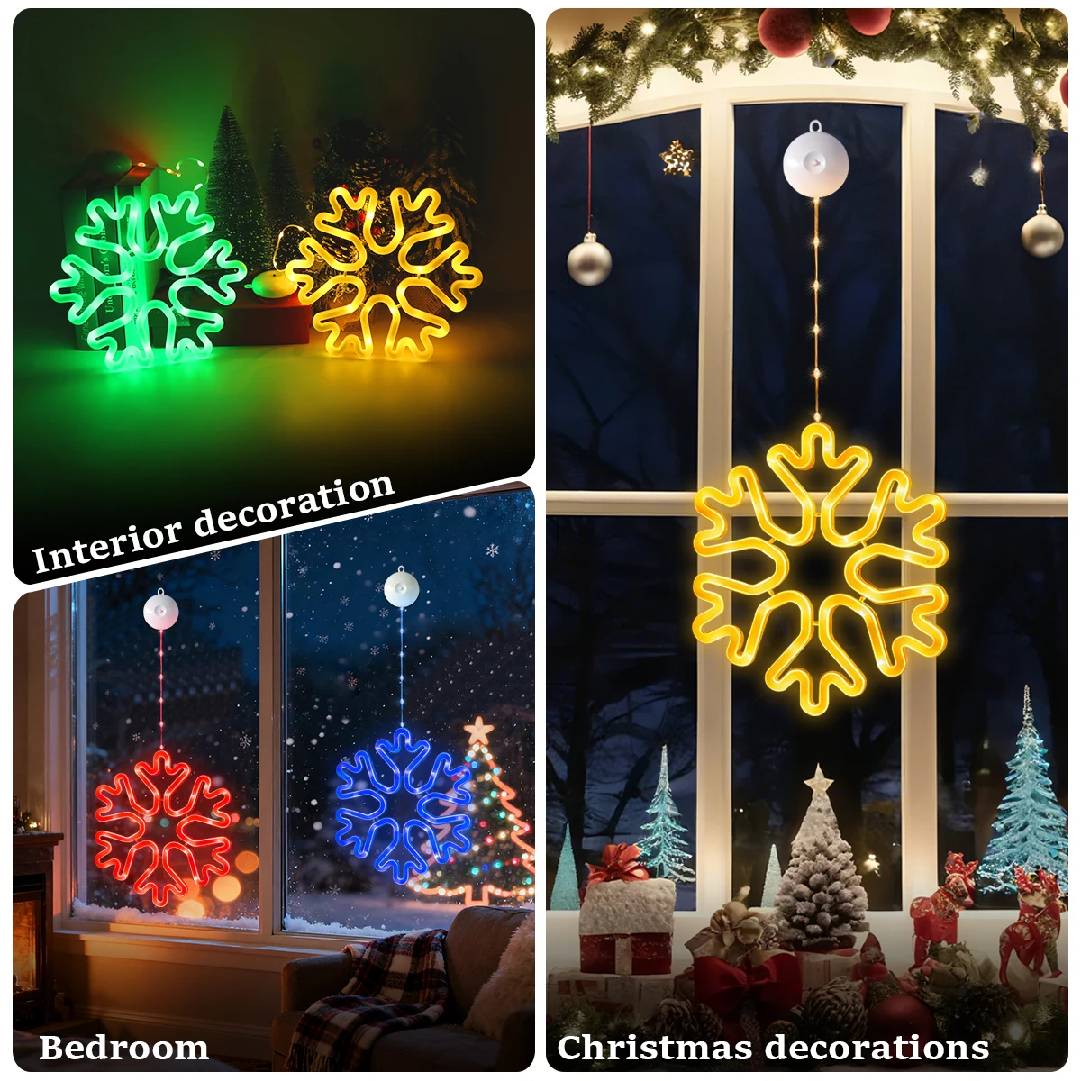 Warm/Multi-color Christmas Window Snowflake Lights, 8/12 Lighting Modes, Battery Powered LED Neon Hanging Lamp for Xmas Holiday