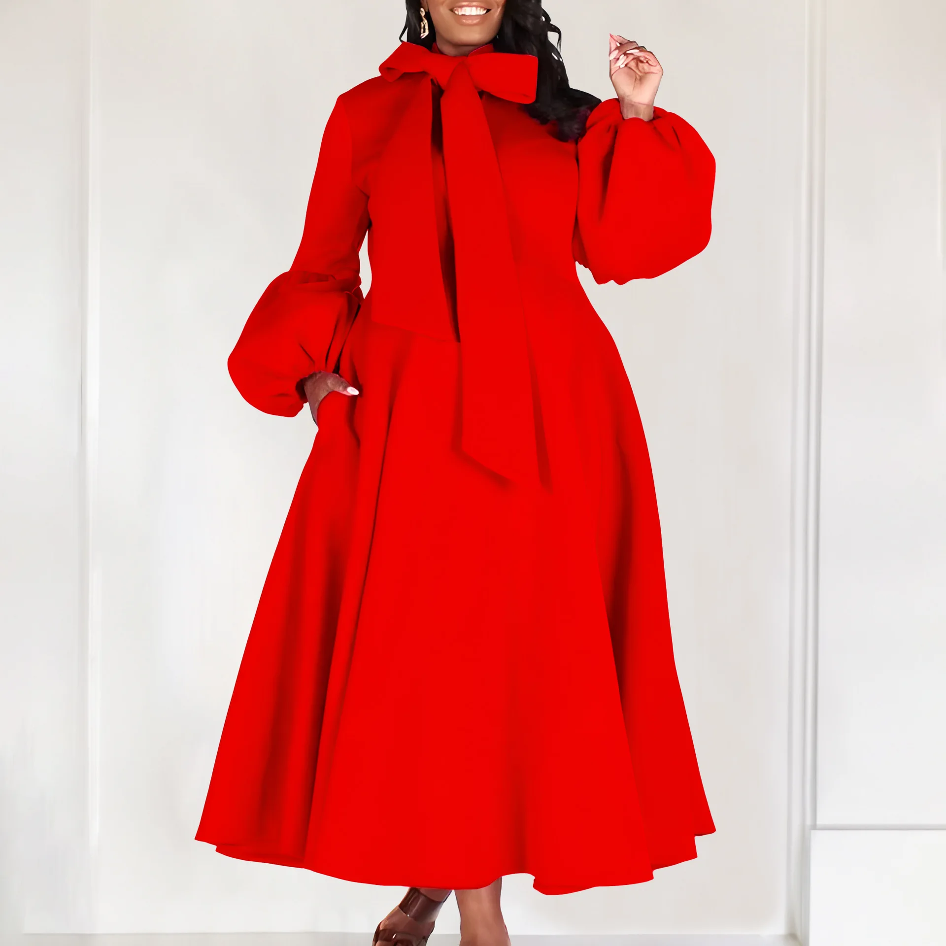 

Long Lantern Sleeve High Waist Bowtie Collar A Line Dress Evening Party Dress Women Elegant Casual Loose Pleated Ruffles Dress