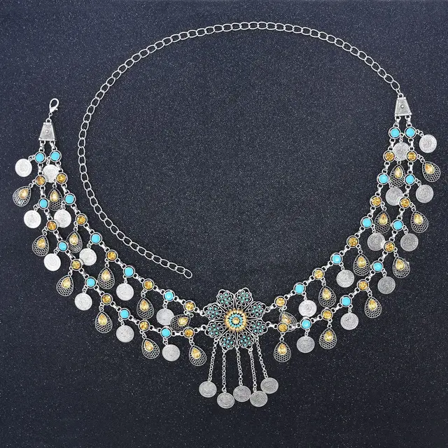 Cinturones de piedra azul Natural con de flor para mujer, cadena de monedas turcas, joyería Nupcial Étnica, joyería corporal de lujo chapada en oro| | - AliExpress