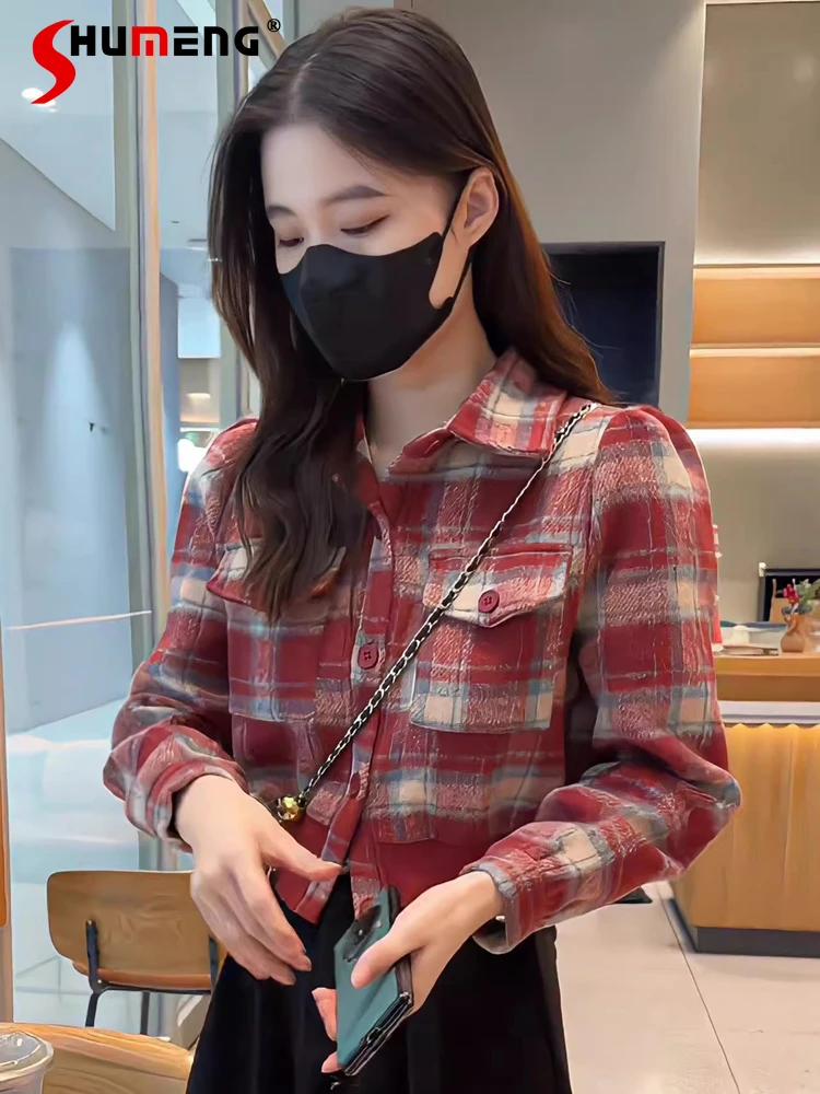 

Fashion Retro Plaid Woolen Polo Collar Shirt Women's Autumn Winter Waist-Tight Long Sleeve Single-Breasted Tops Women's Clothes