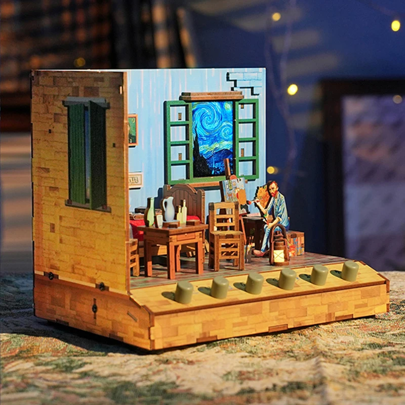 DIY Wooden Miniature Model Kit Van Gogh's Bedroom Casa Doll Houses 3D Puzzle Dollhouse With Furniture for Friends Birthday Gifts 2